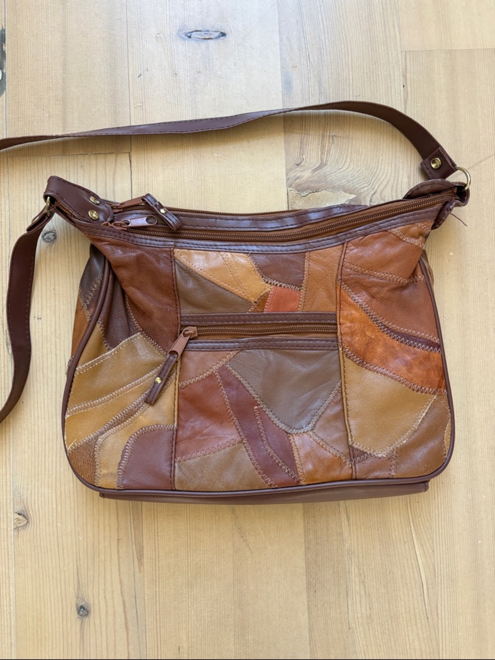 Vintage Patchwork Leather / PVC Crossbody Bag in Mixed Brown Tones